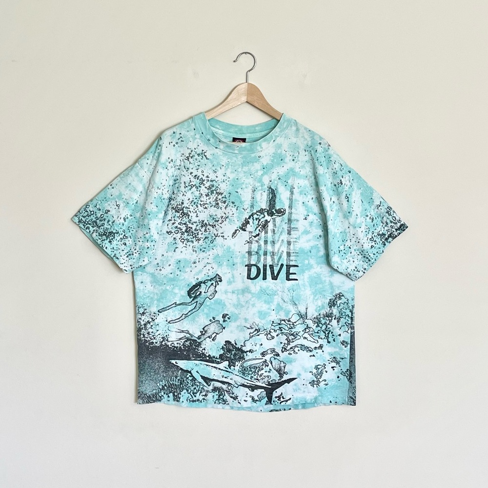 Vintage 90s Dive All Over Scuba Ocean Bubble Print Aqua Tie Die T Shirt Adult XL